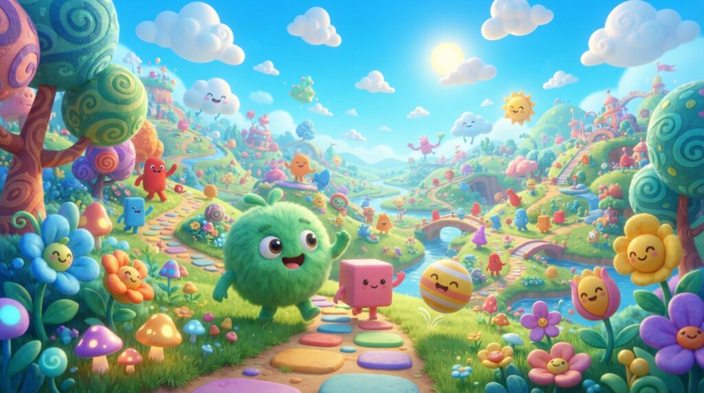 mundo colorido e personagens curiosos em Wattam